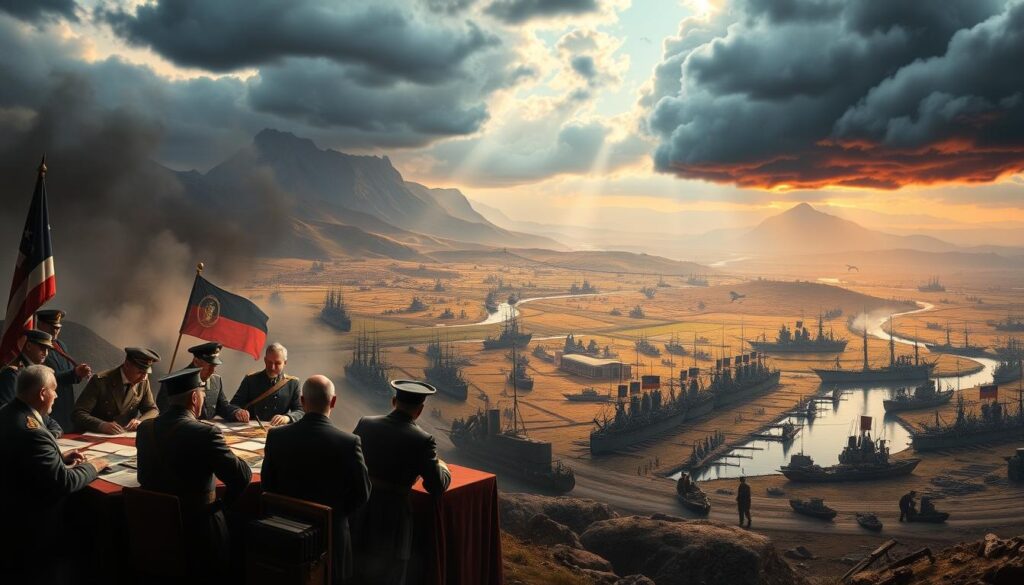 A majestic panoramic scene of the Balkan region, capturing the intricate web of international involvement. In the foreground, diplomats and military leaders from the great powers of Europe - Russia, Germany, Austria-Hungary, and the United Kingdom - gather around a table, poring over maps and documents. The middle ground features armies and warships, symbolizing the military interventions and proxy conflicts that shaped the region. In the distant background, a backdrop of towering mountains and rolling hills, representing the complex geopolitical landscape. The lighting is dramatic, with a mix of warm and cool tones, conveying the high-stakes nature of the great powers' involvement. The overall atmosphere is one of tension, power, and the echoes of a tumultuous past.