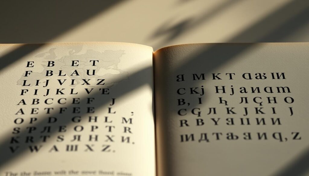 A meticulously detailed, high-resolution comparison of the Latin and Cyrillic alphabets. In the foreground, two halves of a page show the distinct character shapes and scripts, the Latin alphabet on the left and the Cyrillic on the right, rendered in a classic serif font. In the middle ground, a map of the Balkans region subtly fades in, hinting at the cultural and linguistic diversity of the area. The background features a soft, hazy gradient suggesting the historical and geographical context, with muted tones evoking a sense of timelessness. Dramatic side lighting casts dramatic shadows, heightening the visual contrast between the two writing systems. Overall, the image conveys the essential role of alphabets in shaping regional identity and linguistic traditions.