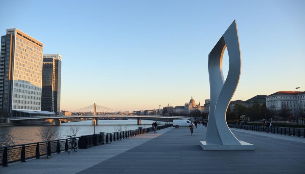 A modern architectural skyline along the north bank of the Danube River, with sleek high-rise buildings and contemporary bridges spanning the waterway. The scene is bathed in warm, golden-hour lighting, casting long shadows across the riverfront promenade. In the foreground, a minimalist public sculpture or monument stands as a focal point, its abstract form reflecting the region's progressive identity. The middle ground features pedestrians and cyclists enjoying the vibrant urban environment, while the background showcases the historic landmarks of the city, blending old and new. An aura of dynamism and civic pride permeates the composition, capturing the evolution of Balkan identity in the modern era.