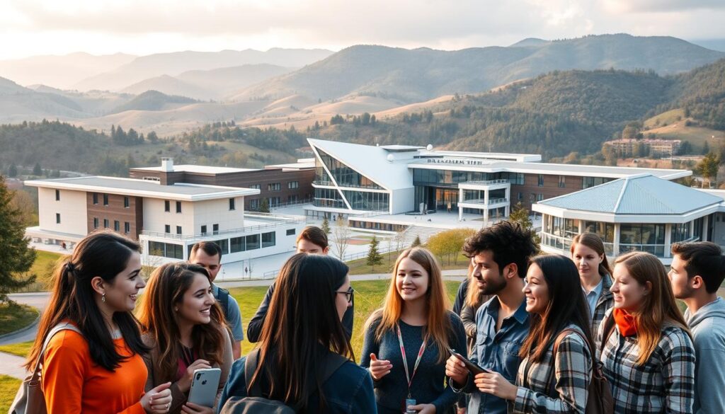 A modern university campus in the Western Balkans, showcasing a collaborative spirit. In the foreground, students from diverse backgrounds engage in lively discussions, their expressions animated as they exchange ideas. The middle ground features state-of-the-art lecture halls and research facilities, their angular architecture reflecting a fusion of tradition and innovation. In the background, rolling hills and lush greenery create a picturesque backdrop, suggesting a harmonious integration of the educational environment with the natural surroundings. Warm, diffused lighting illuminates the scene, creating a welcoming and intellectually stimulating atmosphere. A visual representation of the region's commitment to educational cooperation and cultural exchange.