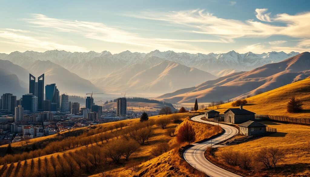 A panoramic landscape showcasing the urban-rural divide in the Balkan states. In the foreground, a bustling city skyline with towering skyscrapers and modern architecture. In the middle ground, a winding country road flanked by traditional stone farmhouses, orchards, and rolling hills. The background features rugged, snow-capped mountains casting long shadows across the scene. Warm, golden sunlight filters through wispy clouds, creating a sense of timeless tranquility that contrasts with the urban dynamism. The composition captures the stark juxtaposition of the region's diverse cultural and economic landscapes.