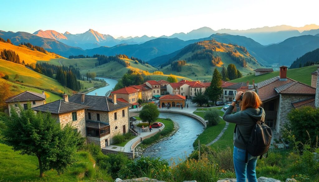 A picturesque Balkan landscape unfolds, with rolling hills adorned in lush greenery and a winding river cutting through the scene. In the foreground, a traveler stands amidst traditional stone buildings, capturing the essence of the region with their camera. The middle ground reveals a quaint town square, bustling with locals and visitors alike, sipping coffee and exploring local crafts. In the distance, the silhouettes of majestic mountains rise, their peaks kissed by the warm, golden light of the setting sun. This idyllic scene is bathed in a soft, nostalgic glow, inviting the viewer to immerse themselves in the timeless charm of a personalized Balkan journey.