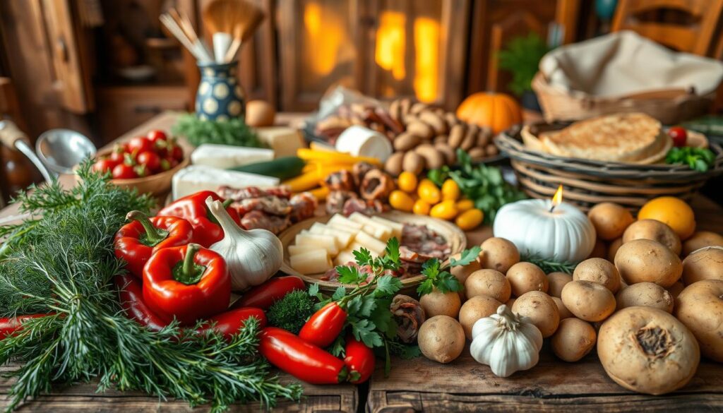 A rustic, wooden table overflowing with traditional Eastern European ingredients. In the foreground, a variety of fresh vegetables and herbs: vibrant red peppers, fragrant dill, robust garlic, and earthy potatoes. In the middle ground, an array of cured meats, tangy cheeses, and crusty bread, evoking the flavors of the Balkans. The background features a warm, golden light, casting a cozy, homey atmosphere. The scene is captured with a wide-angle lens, emphasizing the abundance and richness of these time-honored culinary traditions.