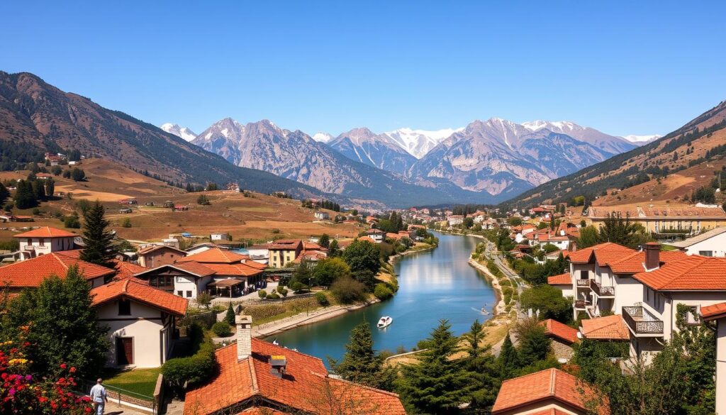 A sun-drenched landscape of the Balkan region, with picturesque villages nestled among rolling hills and towering mountains. In the foreground, traditional architecture with terracotta roofs and whitewashed walls, surrounded by lush greenery and vibrant flowers. In the middle ground, a winding river reflects the azure sky, with people leisurely strolling along its banks or boating across the calm waters. In the background, majestic peaks rise, their snow-capped summits glistening in the warm, golden light. The scene exudes a sense of tranquility and timeless charm, inviting the viewer to explore the rich cultural heritage and natural beauty of the Balkans.
