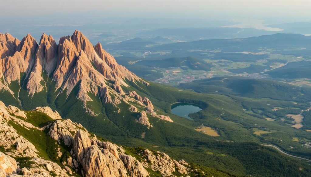 A sweeping panorama of the diverse Balkan geography. In the foreground, rugged mountain peaks pierce the sky, their jagged silhouettes cast in warm golden light. Lush, verdant valleys wind through the landscape, dotted with crystal-clear lakes and winding rivers. Towering cliffs and rocky outcroppings rise majestically, their surfaces weathered by centuries of wind and rain. In the middle ground, rolling hills and undulating plains stretch out, blanketed in a patchwork of forests, meadows, and cultivated fields. The background fades into a hazy, atmospheric distance, with the faint outlines of coastlines and islands visible on the horizon. The overall scene conveys a sense of dramatic, timeless natural beauty, reflecting the Balkans' position as a crossroads of cultures and environments.