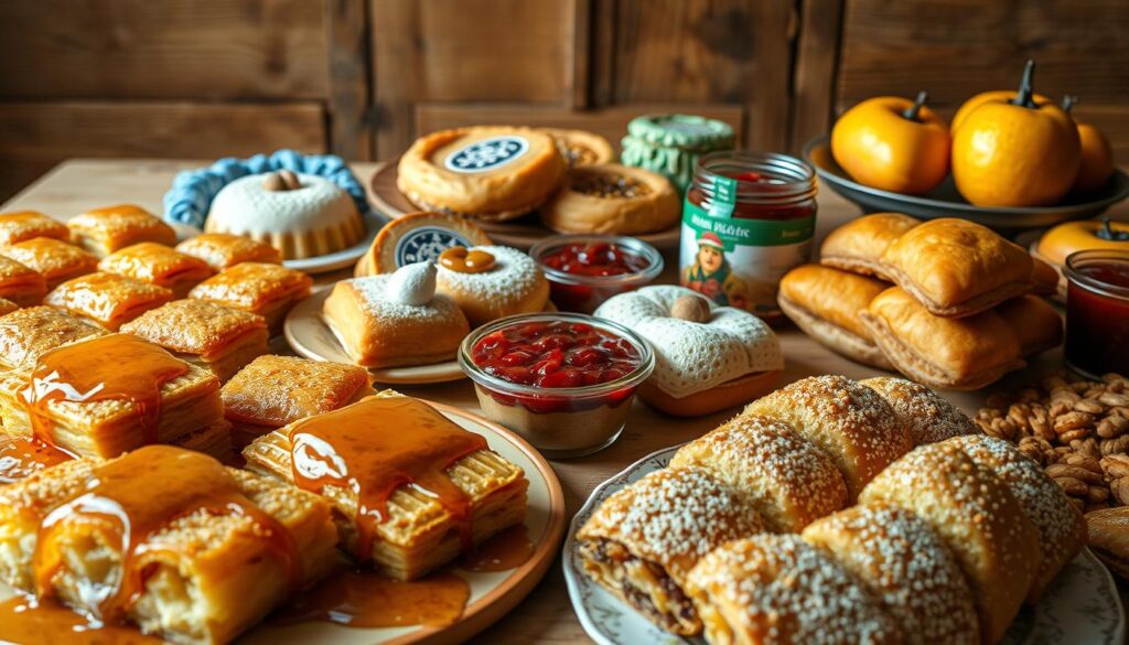 A table laden with an array of traditional Balkan desserts and sweets, capturing the rich cultural heritage of the region. In the foreground, an assortment of flaky, golden baklava drizzled with fragrant honey, alongside plump, syrupy tulumbe and fragrant, crumbly nut-filled strudels. In the middle ground, intricately decorated traditional Serbian славско колаче (slava cakes) and Bosnian tufahije (walnut-filled poached apples) nestle amidst colorful, fragrant fruit preserves and jams. The background features a warm, cozy setting with textured, rustic wooden surfaces, casting a soft, ambient light that accentuates the inviting, homemade qualities of these delectable Balkan treats.