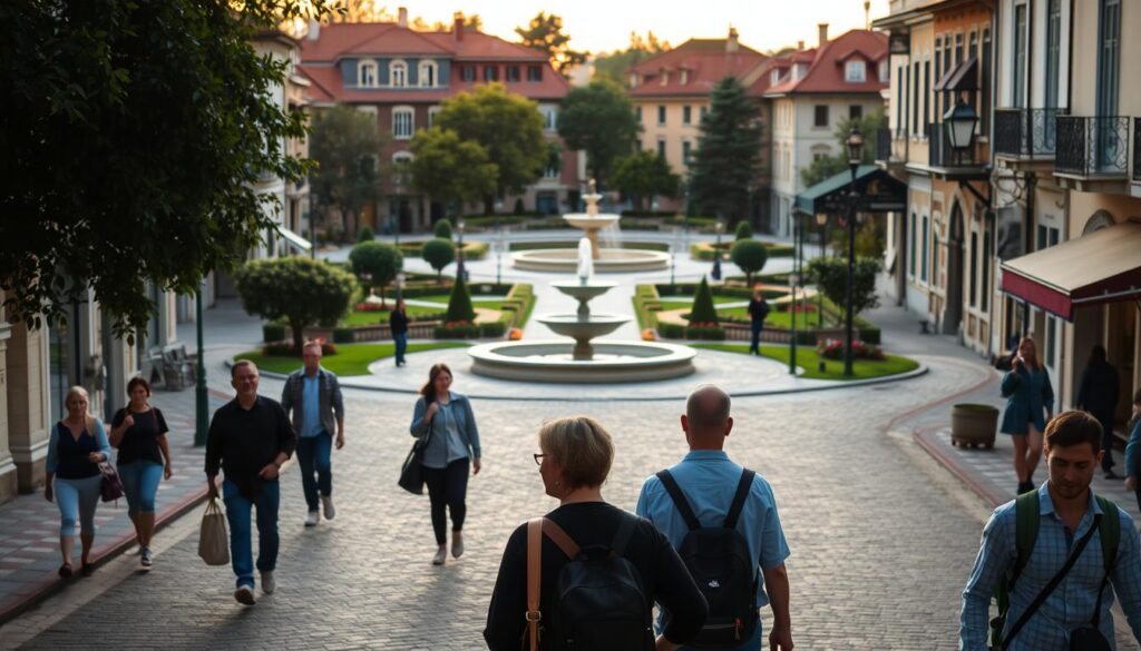 A tranquil street scene in a quaint Balkan town, showcasing local safety tips and etiquette for tourists. In the foreground, a group of pedestrians navigates the cobblestone walkway, mindful of their surroundings. In the middle ground, a well-maintained park with lush greenery and a central fountain provides a serene backdrop. The background features traditional Balkan architecture, with ornate facades and tiled roofs, bathed in warm, golden-hour lighting. The overall atmosphere conveys a sense of harmony and cultural authenticity, encouraging visitors to immerse themselves in the local way of life while prioritizing safety and respect for the community.