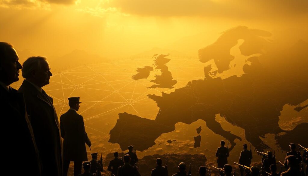 A vast, sweeping landscape of Europe, illuminated by a somber, golden-hued light. In the foreground, the silhouettes of powerful political figures loom, their stances rigid and their expressions inscrutable. Surrounding them, a tangle of diplomatic lines and alliances, represented by intricate web-like structures that stretch across the continent. In the background, the outlines of military forces mobilize, their weapons glinting ominously. The atmosphere is one of tension and unease, hinting at the broader historical impacts that would soon unfold - the Balkan Wars giving way to the calamity of World War I.