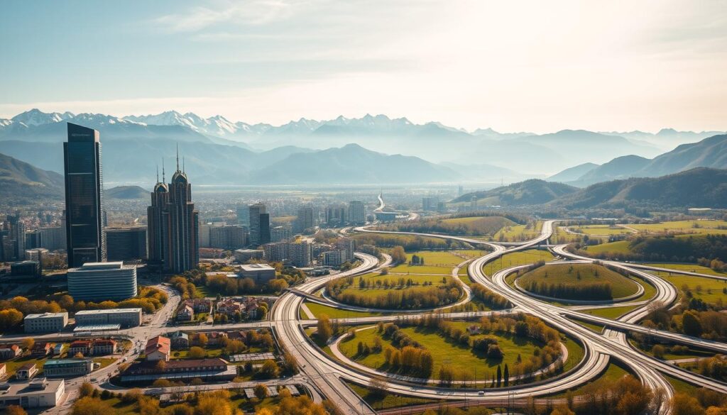 A vibrant landscape depicting the future of regional integration in the Balkans. In the foreground, a modern city skyline with sleek high-rises and bustling streets. Towering mountains loom in the middle ground, their peaks capped with snow. In the background, a network of highways and railway lines weaves through lush, rolling hills, symbolizing improved connectivity. The scene is bathed in warm, golden light, conveying a sense of optimism and progress. The composition strikes a balance between urban development and natural beauty, hinting at the harmonious integration of diverse elements. A wide-angle lens captures the grand, expansive scale of this vision for North Macedonia's regional integration.