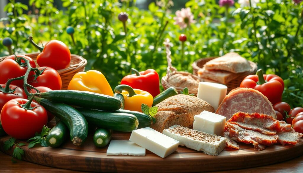 A vibrant still life capturing an array of healthy Balkan breakfast ingredients. In the foreground, a wooden board showcases fresh produce - plump tomatoes, crisp cucumbers, and robust bell peppers. Scattered across the middle ground are whole grain breads, creamy white cheeses, and cured meats. In the background, a lush herb garden provides a verdant backdrop, with sunlight filtering through the leaves. The lighting is soft and natural, casting a warm glow over the scene. The composition is balanced and visually appealing, inviting the viewer to imagine the nourishing and flavorful Balkan breakfast to come.