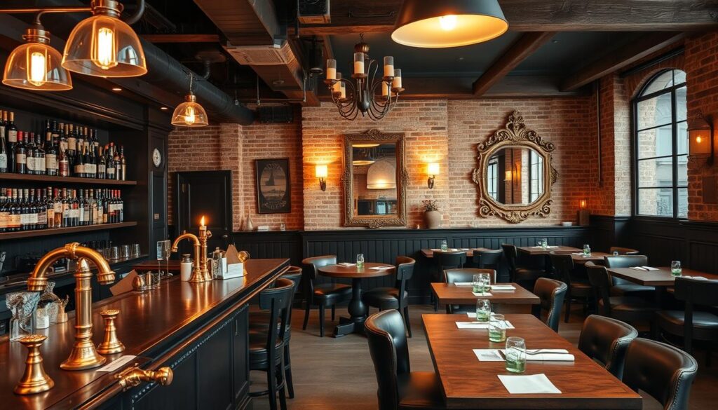 A warm, inviting European bar-style restaurant interior with a cozy, modern vibe. In the foreground, a well-stocked bar with gleaming brass fittings and shelves displaying an array of premium spirits. Midground, sturdy wooden tables and chairs, with plush leather upholstery, arranged around a central open space. Overhead, a mix of pendant lights and sconces cast a soft, golden glow. In the background, a feature wall showcases exposed brick and rustic wooden beams, complemented by a large, ornate mirror that reflects the space. The atmosphere is one of casual elegance, blending traditional and contemporary elements to create an atmosphere that evokes the Balkan culinary heritage.