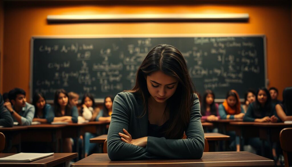 An intimate academic setting, dimly lit by warm overhead lighting. In the foreground, a young woman sits at a desk, her shoulders hunched, eyes downcast. Her expression conveys a sense of shame and self-doubt. Behind her, a chalkboard looms, its surface scarred with the remnants of hastily erased equations and scribbles, symbolizing the academic pressures she navigates. The middle ground is populated by a diverse group of students, some engaged in lively discussion, others seeming disinterested or distracted. The background fades into a hazy, out-of-focus realm, evoking a sense of isolation and cultural expectations that weigh heavily on the central figure.