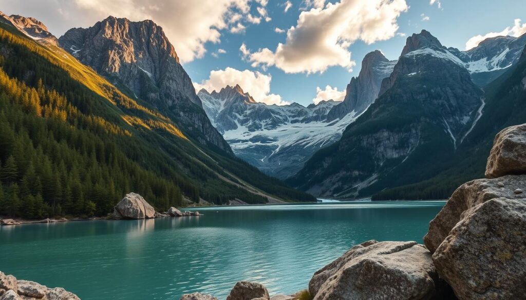 Majestic Balkan peaks pierce the sky, their jagged silhouettes bathed in golden light. Lush, verdant forests cloak the slopes, giving way to rugged, snow-capped summits. Shimmering glacial lakes reflect the towering mountainsides, their crystal-clear waters rimmed by ancient, lichen-covered boulders. A sweeping, panoramic vista captures the raw, untamed beauty of this untamed landscape, the air thick with the scent of pine and the whisper of a gentle breeze. A wide-angle lens captures the grandeur of this awe-inspiring scene, the dramatic play of light and shadow creating a captivating, cinematic atmosphere.