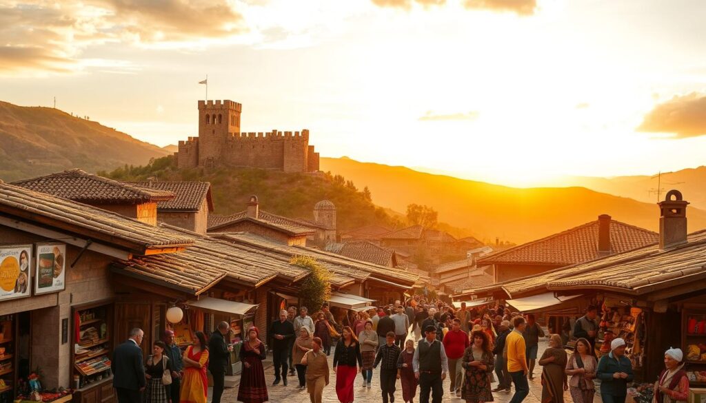 Majestic stone structures and tiled roofs dot the rolling hills, bathed in the warm glow of a golden sunset. In the foreground, a bustling marketplace teeming with vibrant local artisans, their handcrafted wares on display. Weaving through the crowd, locals in traditional dress engage in lively conversations, a tapestry of cultures and traditions. In the distance, a towering medieval fortress stands watch, a silent guardian of the region's storied past. The scene exudes a sense of timeless heritage, where the past and present seamlessly intertwine, inviting the viewer to immerse themselves in the rich cultural fabric of the Balkan Mountains.