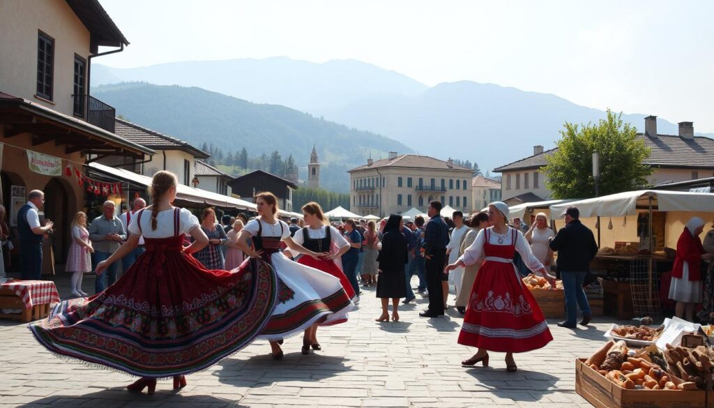Vibrant Balkan cultural festivals and cuisine: A bustling village square filled with colorful traditional costumes, lively folk music, and the aroma of sizzling meats and baked goods. In the foreground, a group of dancers twirl gracefully, their intricate embroidered garments swaying in the soft lighting. In the middle ground, vendors sell an array of handcrafted wares, from delicate lace to carved wooden figurines. In the background, the silhouettes of historic buildings and towering mountains create a picturesque, time-honored setting. The atmosphere is one of joyful celebration, where the rich cultural heritage of the Balkans is on full display.