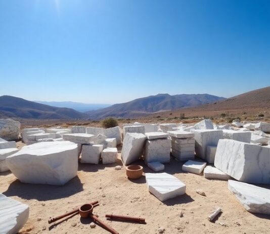 Ancient marble quarry on a sunny Greek island.