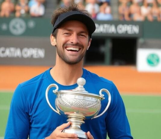 Darderi holding trophy and smiling on court.