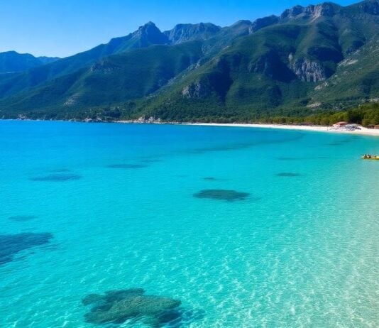 Turquoise waters lapping a sunny Albanian beach with mountains in the background.