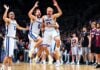 Finnish player celebrates EuroBasket upset over Serbia's Nikola Jokic.