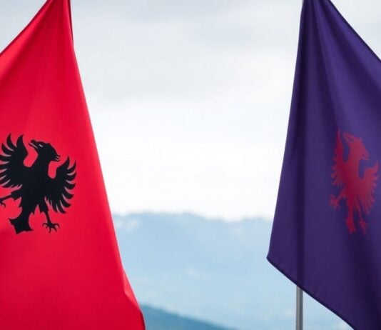 Kosovo and Albania flags united, mountains in background.