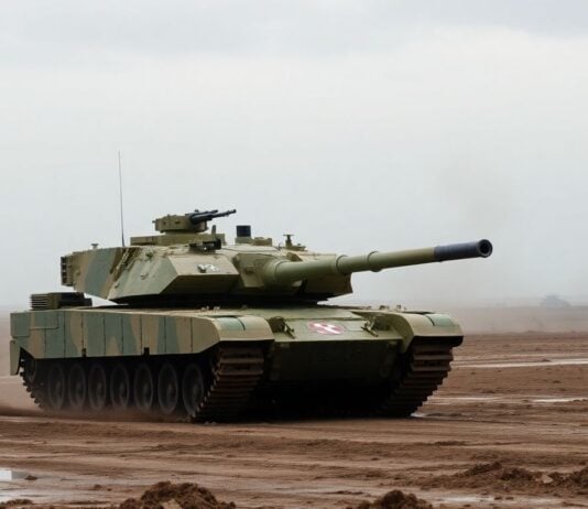 Croatian M-84 tank in a muddy battlefield with smoke in the background.