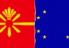 North Macedonia and EU flags with a visual barrier.