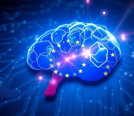 Albania map with digital brain and EU flag elements.