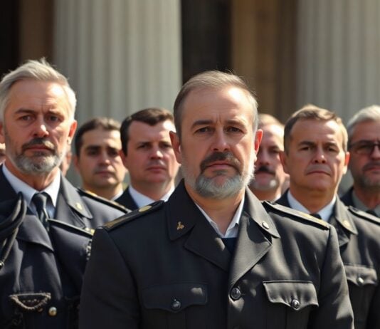 Kosovo war veterans stand together in formal attire.