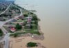 Flooded Bulgarian coast with destroyed homes and cars.