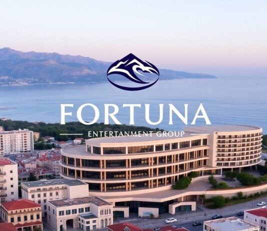 Fortuna Entertainment Group logo over European cityscape.