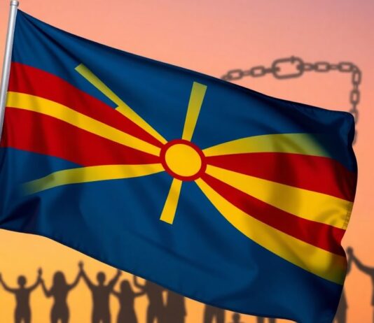 North Macedonia flag and diverse people celebrating human rights victory.